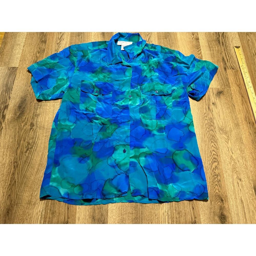 Aliki Yamani Creations Shirt Women Size L Blue Silk Abstract Short Sleeve